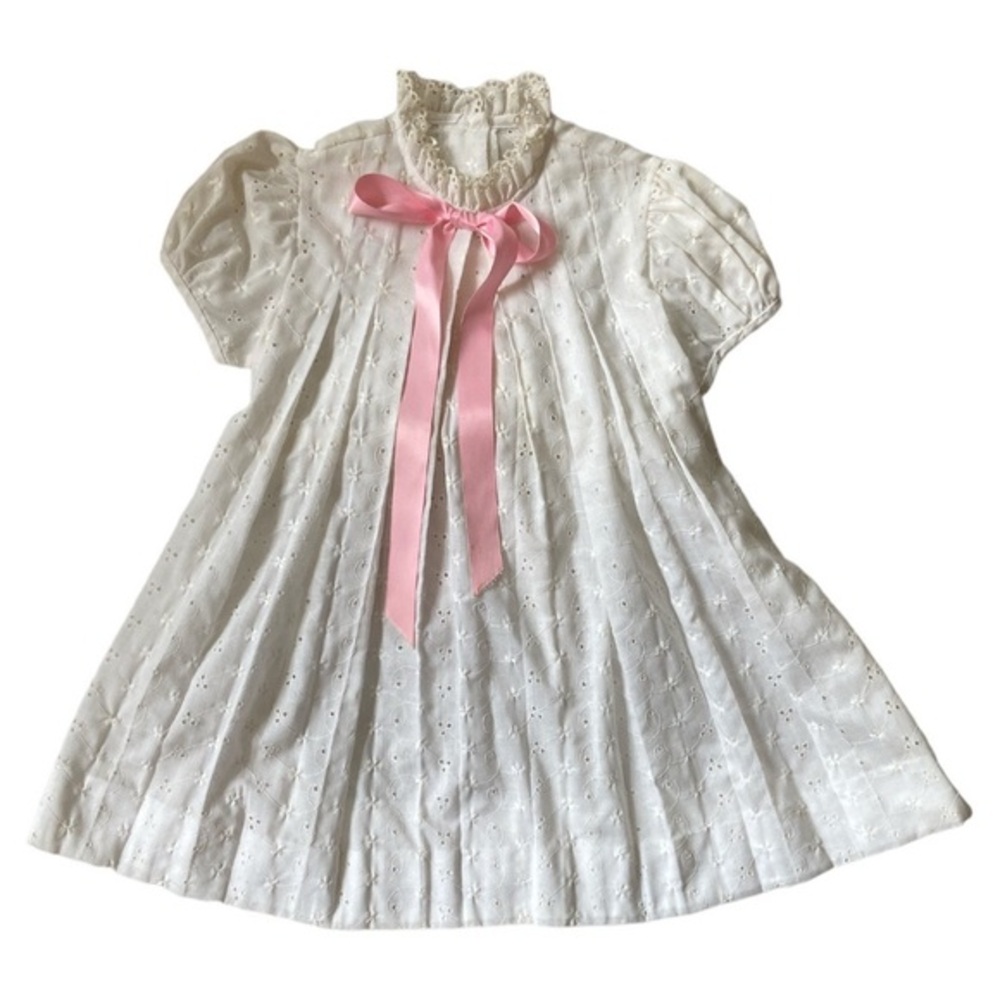 VINTAGE Handmade Dress 60s 70s White Lace Eyelet Pink Gown Nightgown Victorian